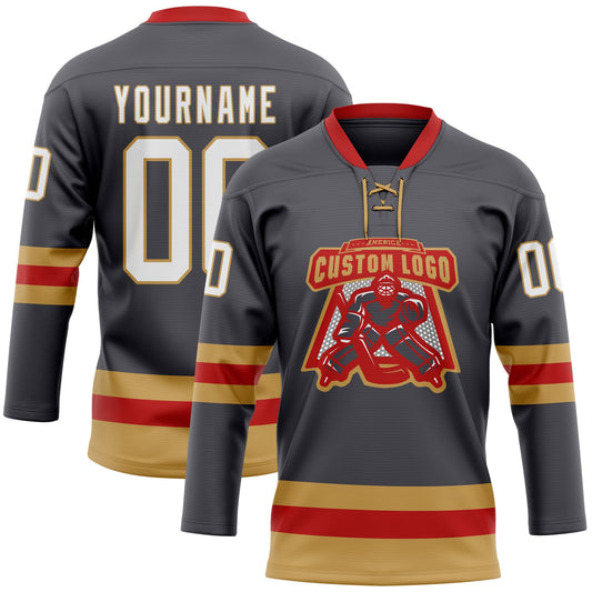 Custom Steel Gray Old Gold-Red Hockey Lace Neck Jersey - Sky-Custom