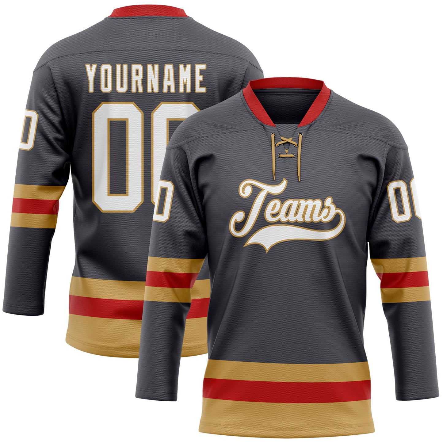 Custom Steel Gray Old Gold-Red Hockey Lace Neck Jersey - Sky-Custom