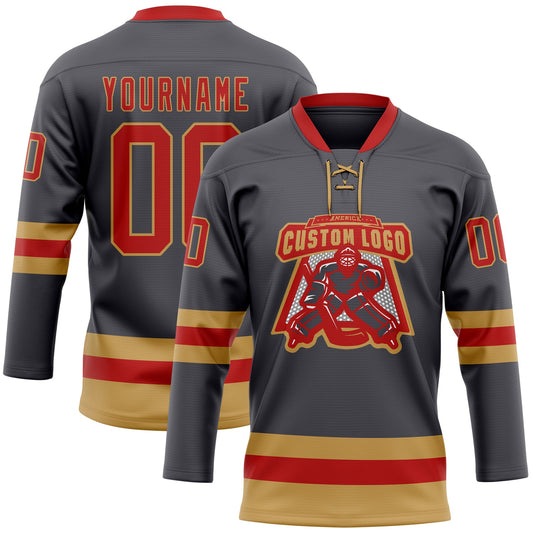 Custom Steel Gray Red-Old Gold Hockey Lace Neck Jersey - Sky-Custom