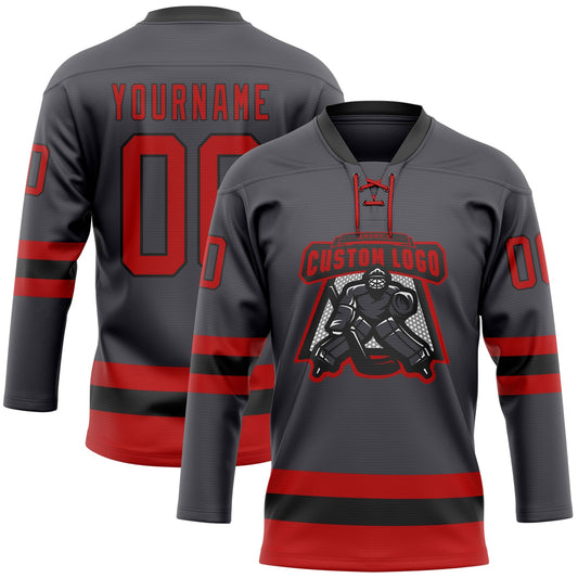 Custom Steel Gray Red-Black Hockey Lace Neck Jersey - Sky-Custom