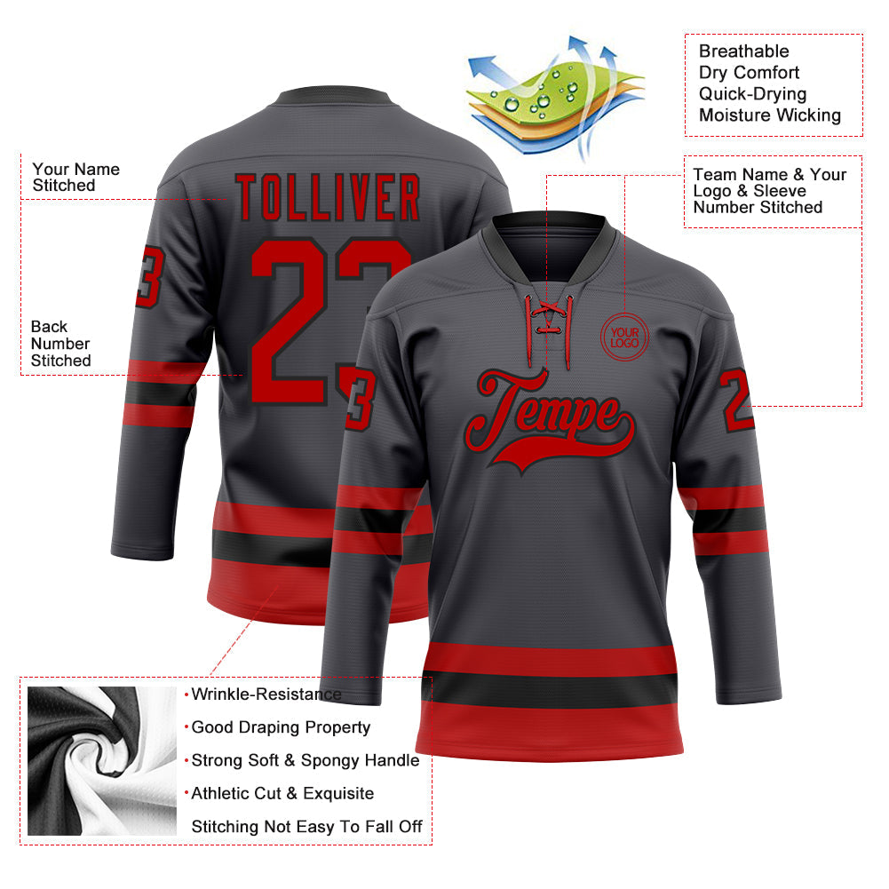Custom Steel Gray Red-Black Hockey Lace Neck Jersey - Sky-Custom