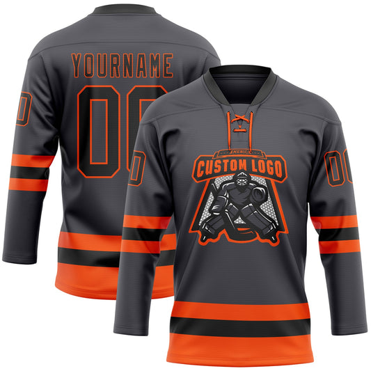 Custom Steel Gray Black-Orange Hockey Lace Neck Jersey - Sky-Custom