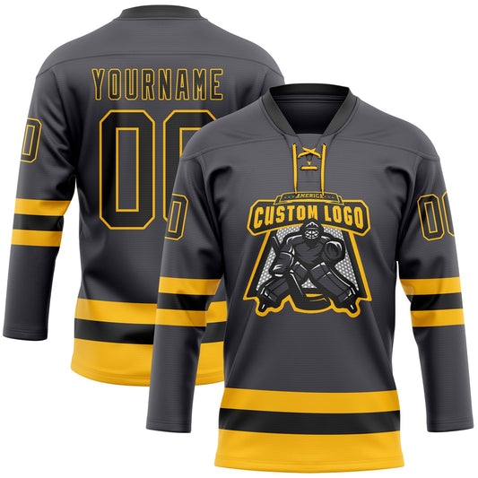 Custom Steel Gray Black-Gold Hockey Lace Neck Jersey - Sky-Custom