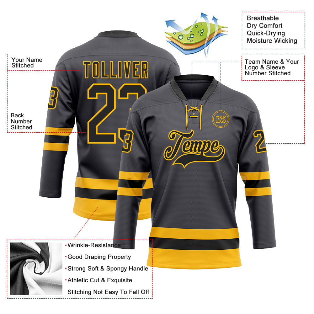 Custom Steel Gray Black-Gold Hockey Lace Neck Jersey - Sky-Custom