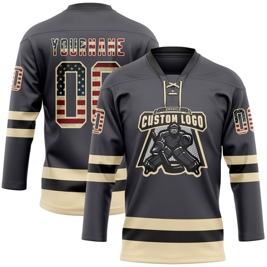 Custom Steel Gray Vintage USA Flag Cream-Black Hockey Lace Neck Jersey - Sky-Custom
