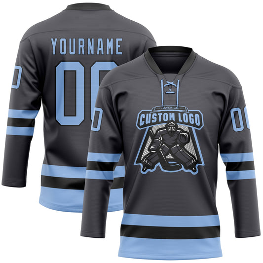 Custom Steel Gray Light Blue-Black Hockey Lace Neck Jersey - Sky-Custom