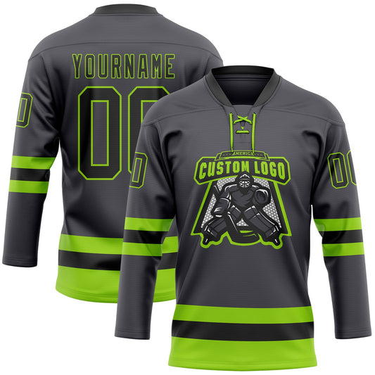 Custom Steel Gray Black-Neon Green Hockey Lace Neck Jersey - Sky-Custom