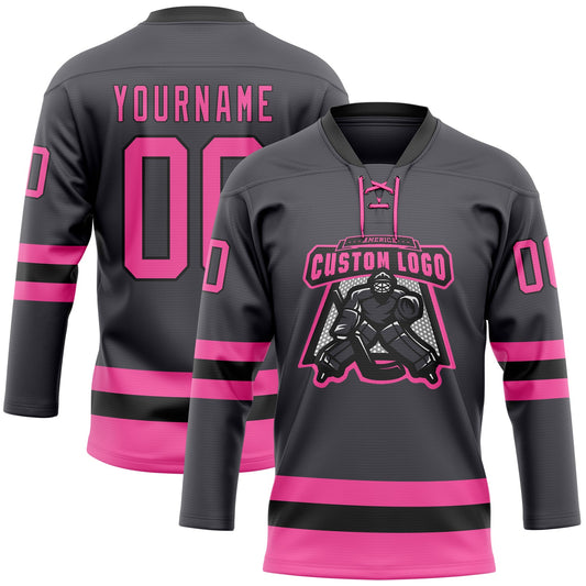 Custom Steel Gray Pink-Black Hockey Lace Neck Jersey - Sky-Custom