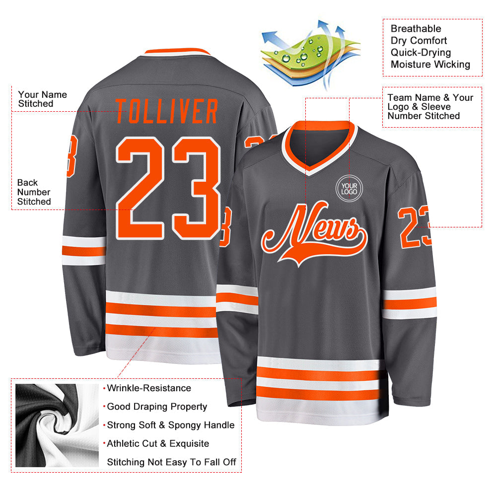 Custom Steel Gray Orange-White Hockey Jersey - Sky-Custom