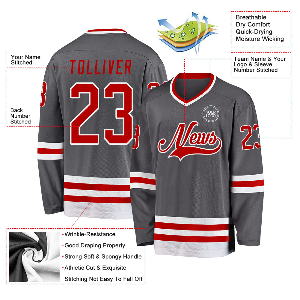 Custom Steel Gray Red-White Hockey Jersey - Sky-Custom