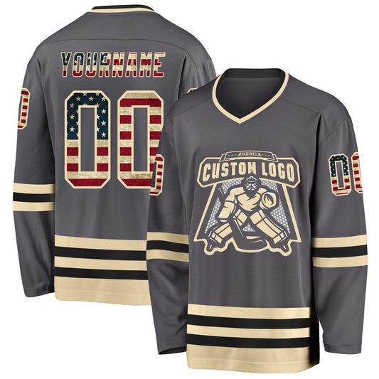 Custom Steel Gray Vintage USA Flag Cream-Black Hockey Jersey - Sky-Custom