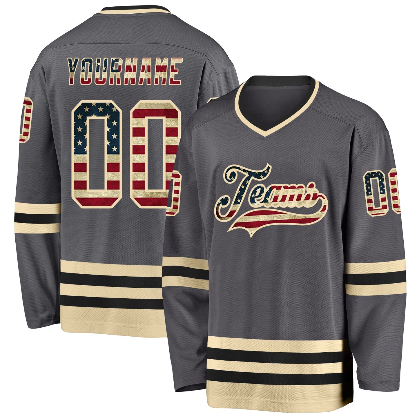 Custom Steel Gray Vintage USA Flag Cream-Black Hockey Jersey - Sky-Custom