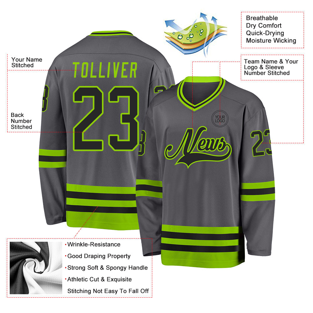 Custom Steel Gray Black-Neon Green Hockey Jersey - Sky-Custom