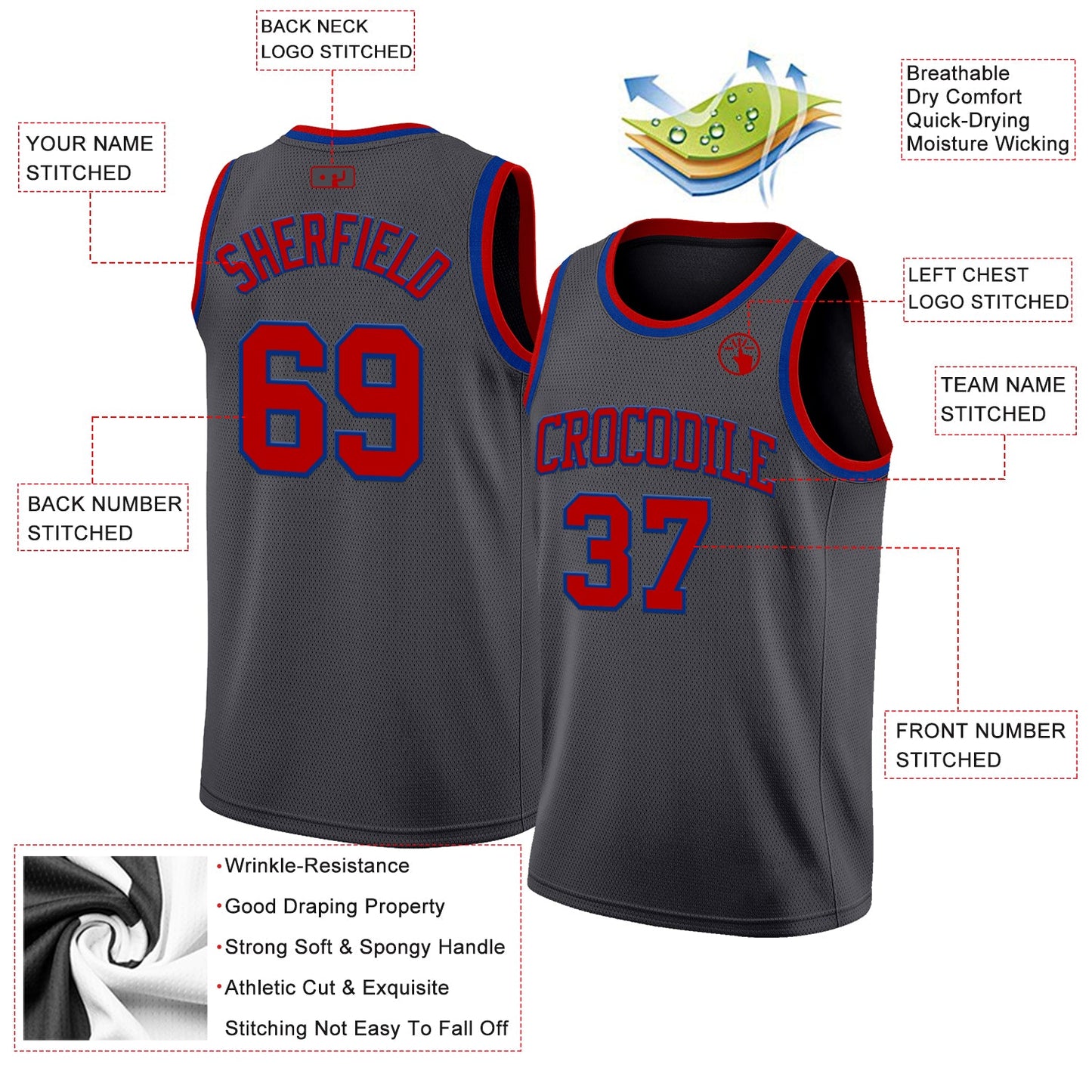 Custom Steel Gray Red-Royal Authentic Basketball Jersey - Sky-Custom