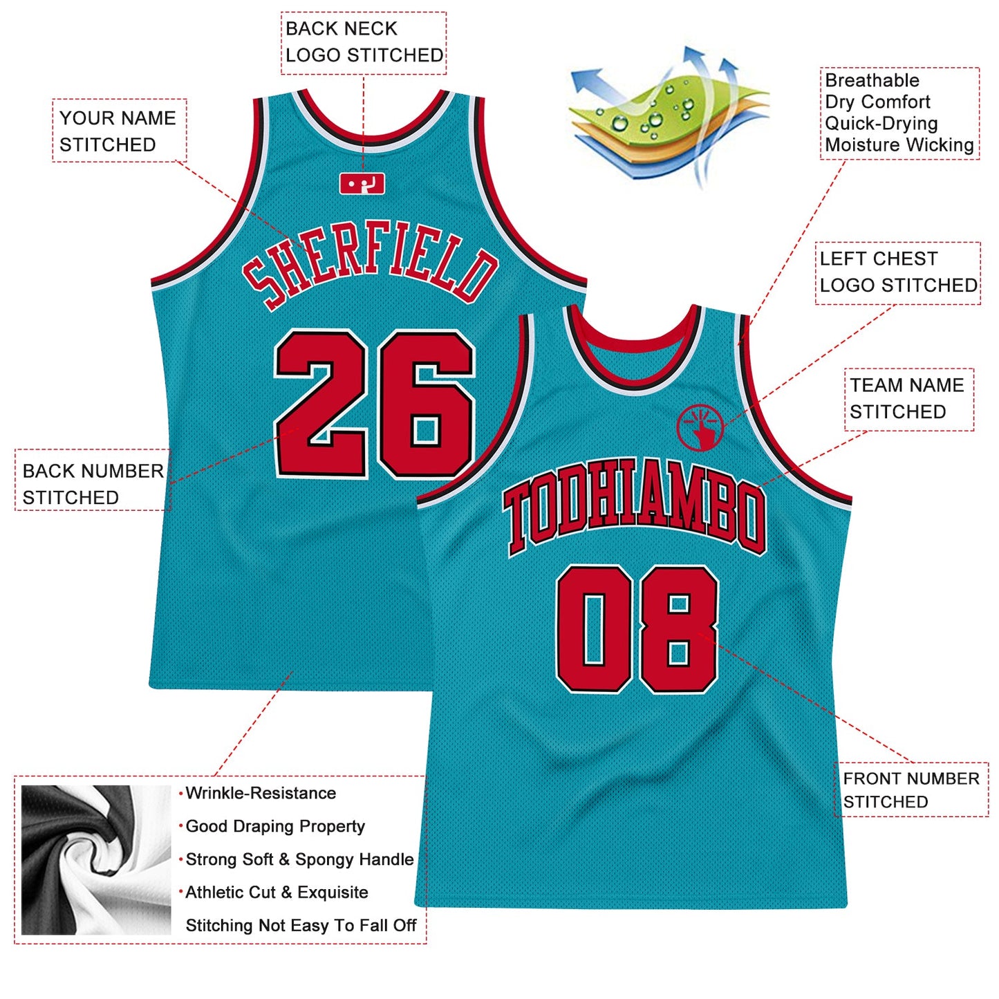 Custom Teal Red-Black Authentic Throwback Basketball Jersey - Sky-Custom