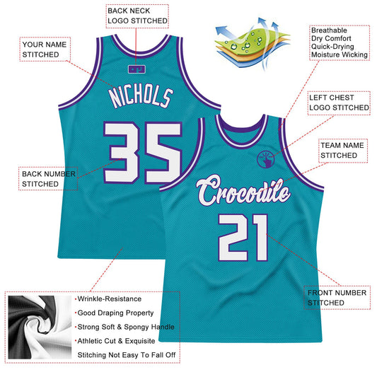 Custom Teal White-Purple Authentic Throwback Basketball Jersey - Sky-Custom