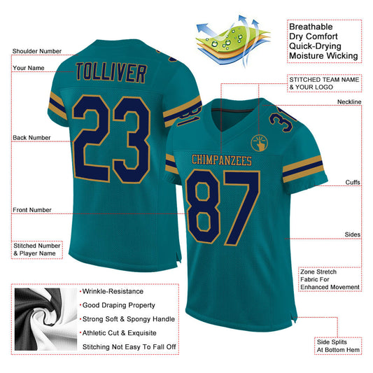 Custom Teal Navy-Old Gold Mesh Authentic Football Jersey - Sky-Custom