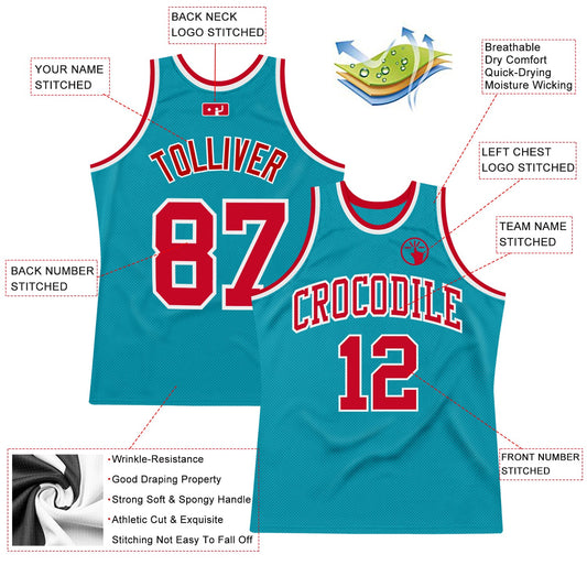 Custom Teal Red-White Authentic Throwback Basketball Jersey - Sky-Custom