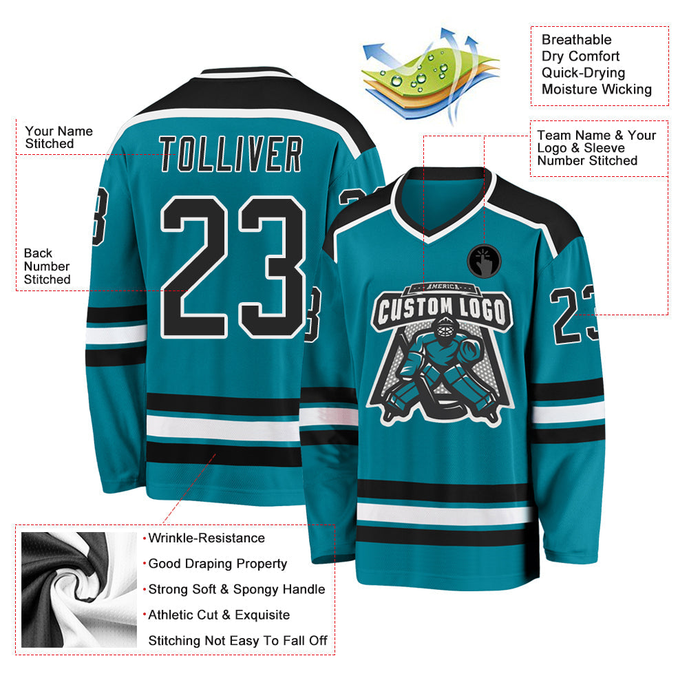 Custom Teal Black-White Hockey Jersey - Sky-Custom