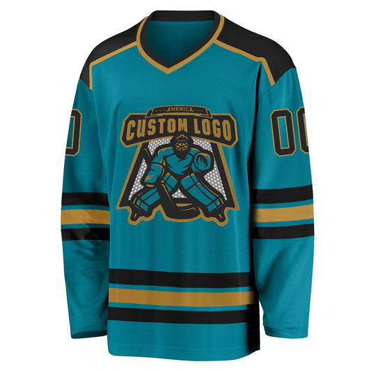 Custom Teal Black-Old Gold Hockey Jersey - Sky-Custom