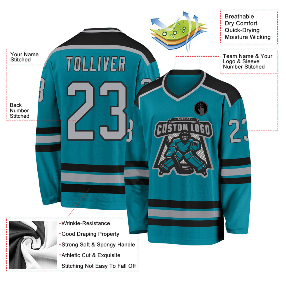 Custom Teal Gray-Black Hockey Jersey - Sky-Custom