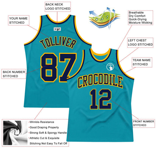Custom Teal Navy-Gold Authentic Throwback Basketball Jersey - Sky-Custom
