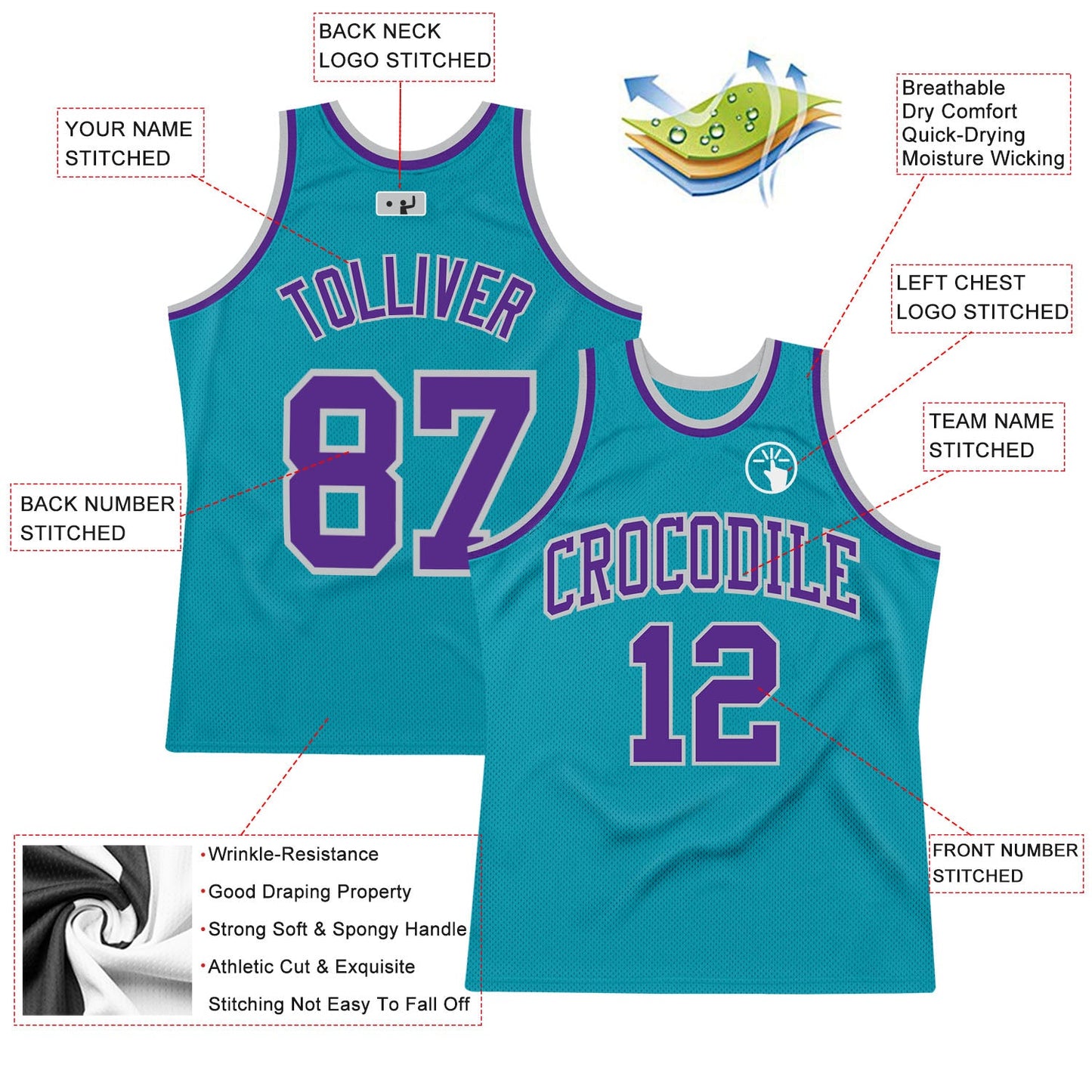 Custom Teal Purple-Gray Authentic Throwback Basketball Jersey - Sky-Custom