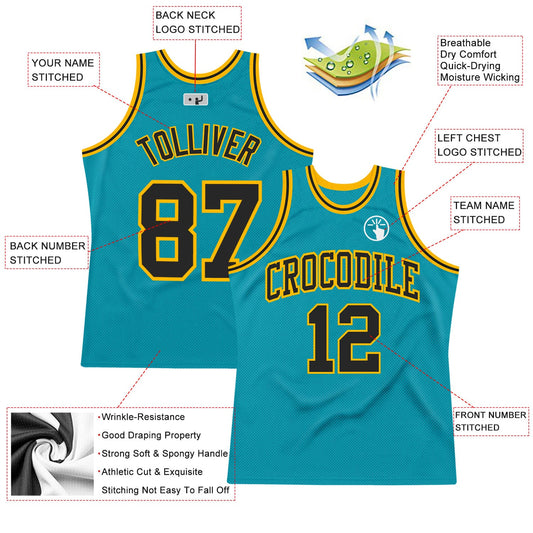 Custom Teal Black-Gold Authentic Throwback Basketball Jersey - Sky-Custom