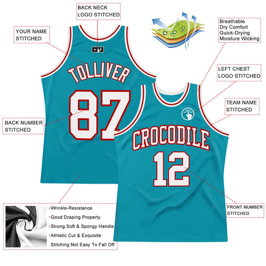Custom Teal White-Red Authentic Throwback Basketball Jersey - Sky-Custom