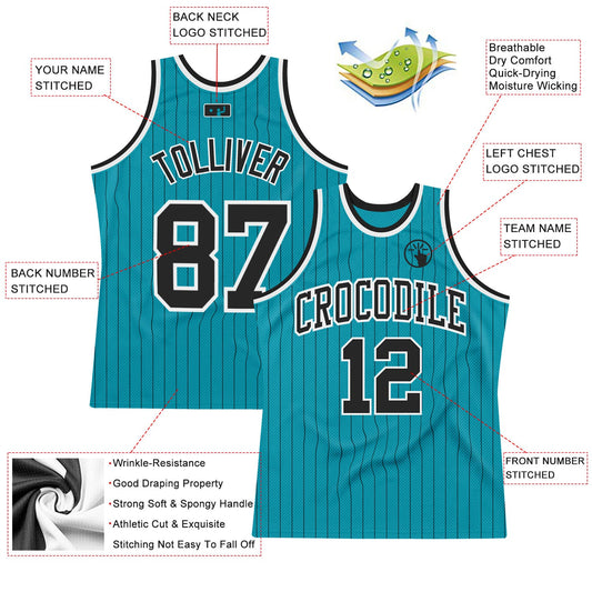 Custom Teal Black Pinstripe Black-White Authentic Basketball Jersey - Sky-Custom