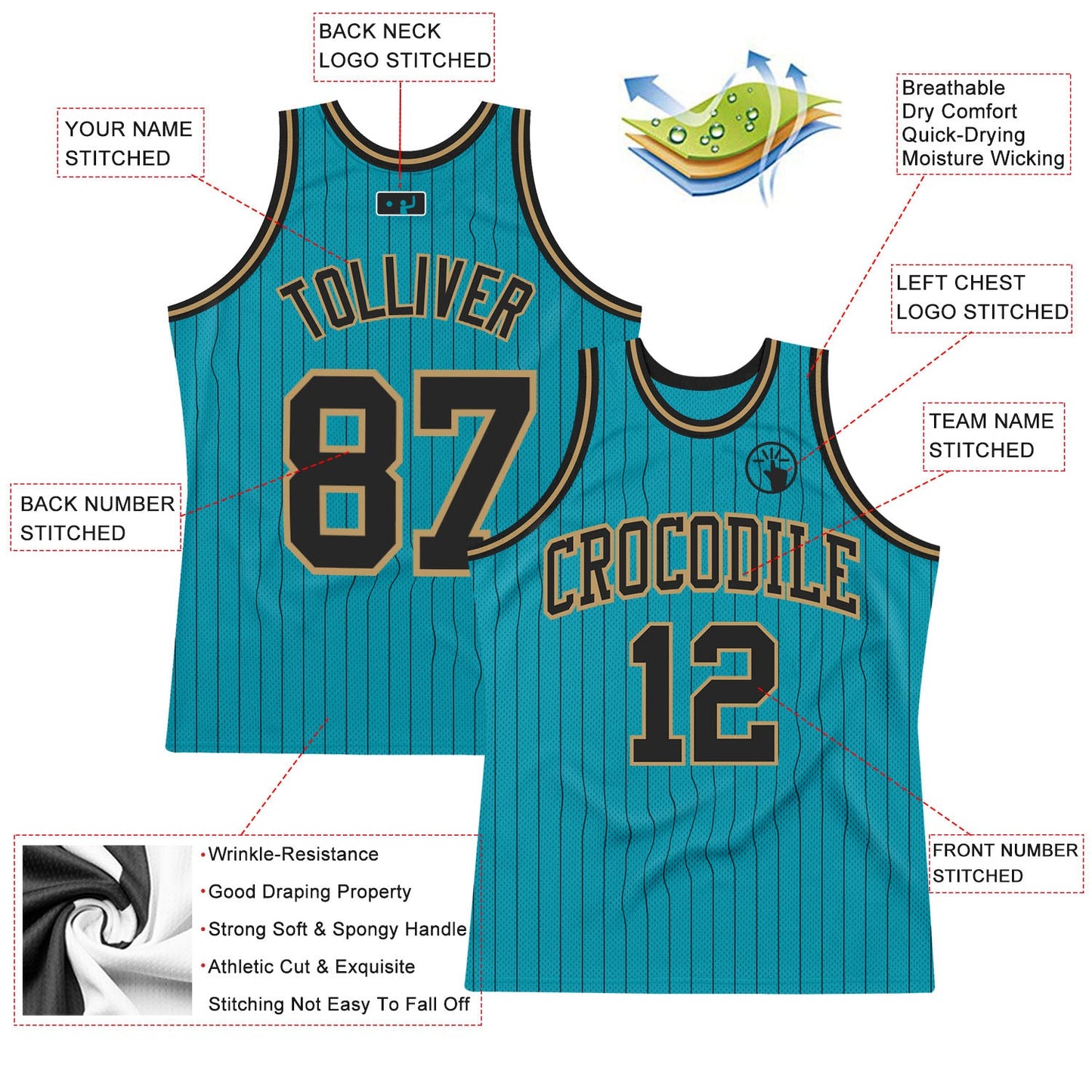 Custom Teal Black Pinstripe Black-Old Gold Authentic Basketball Jersey - Sky-Custom