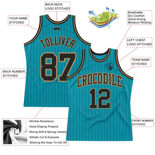 Custom Teal Black Pinstripe Black-Old Gold Authentic Basketball Jersey - Sky-Custom