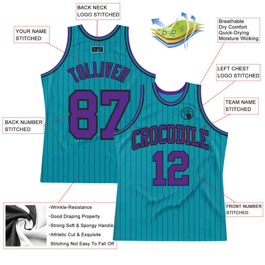 Custom Teal Black Pinstripe Purple Authentic Basketball Jersey - Sky-Custom