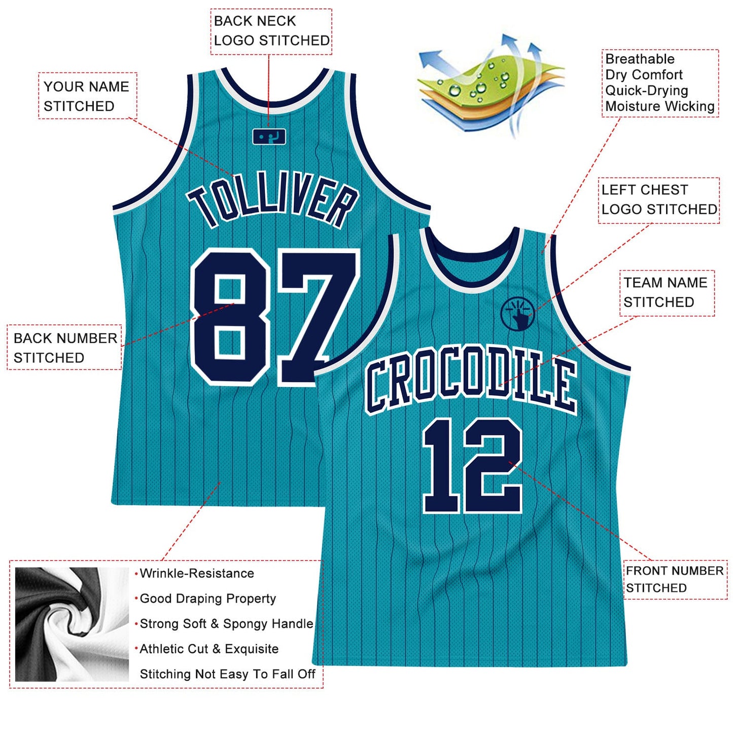 Custom Teal Navy Pinstripe Navy-White Authentic Basketball Jersey - Sky-Custom