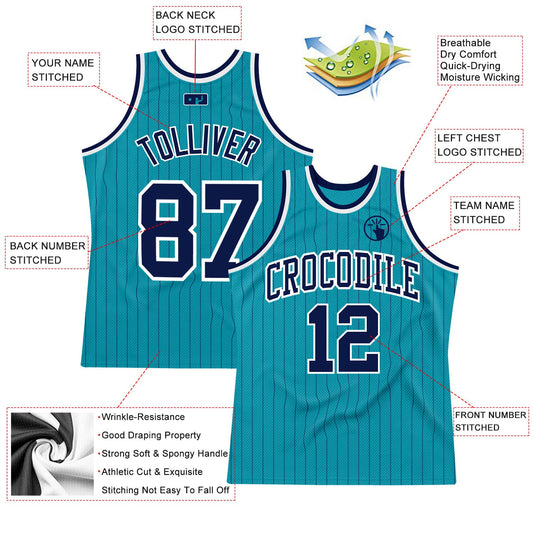 Custom Teal Navy Pinstripe Navy-White Authentic Basketball Jersey - Sky-Custom