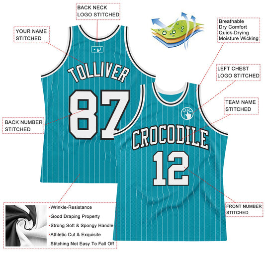 Custom Teal White Pinstripe White-Black Authentic Basketball Jersey - Sky-Custom
