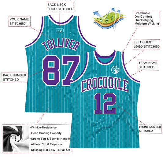Custom Teal White Pinstripe Purple Authentic Basketball Jersey - Sky-Custom