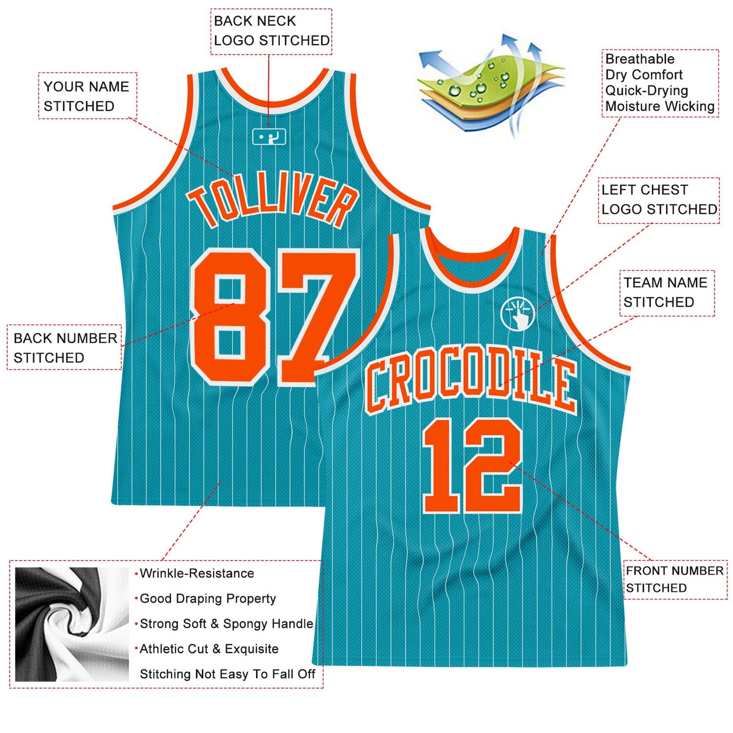 Custom Teal White Pinstripe Orange Authentic Basketball Jersey - Sky-Custom