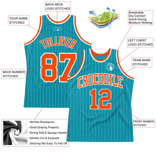 Custom Teal White Pinstripe Orange Authentic Basketball Jersey - Sky-Custom