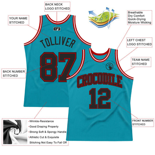 Custom Teal Black-Red Authentic Throwback Basketball Jersey - Sky-Custom