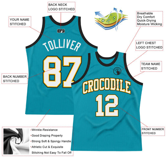Custom Teal White Gold-Black Authentic Throwback Basketball Jersey - Sky-Custom