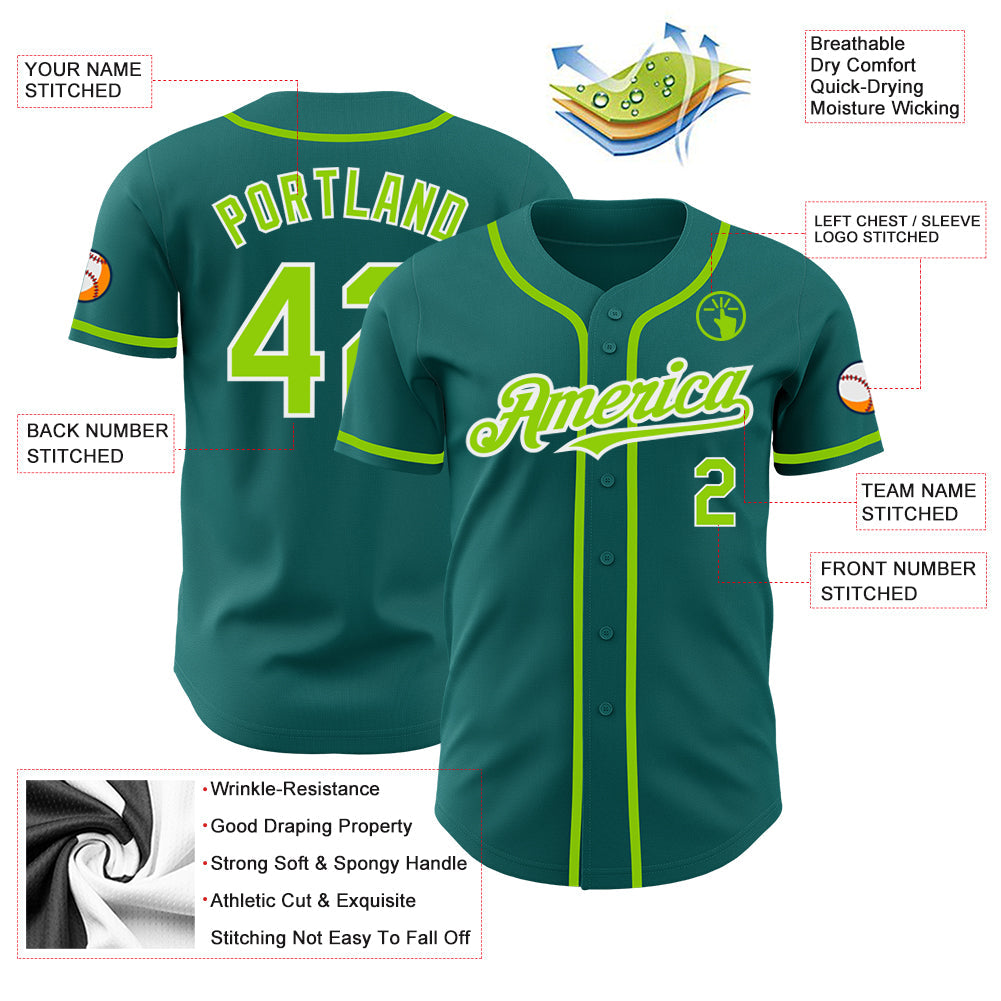 Custom Teal Neon Green-White Authentic Baseball Jersey - Sky-Custom