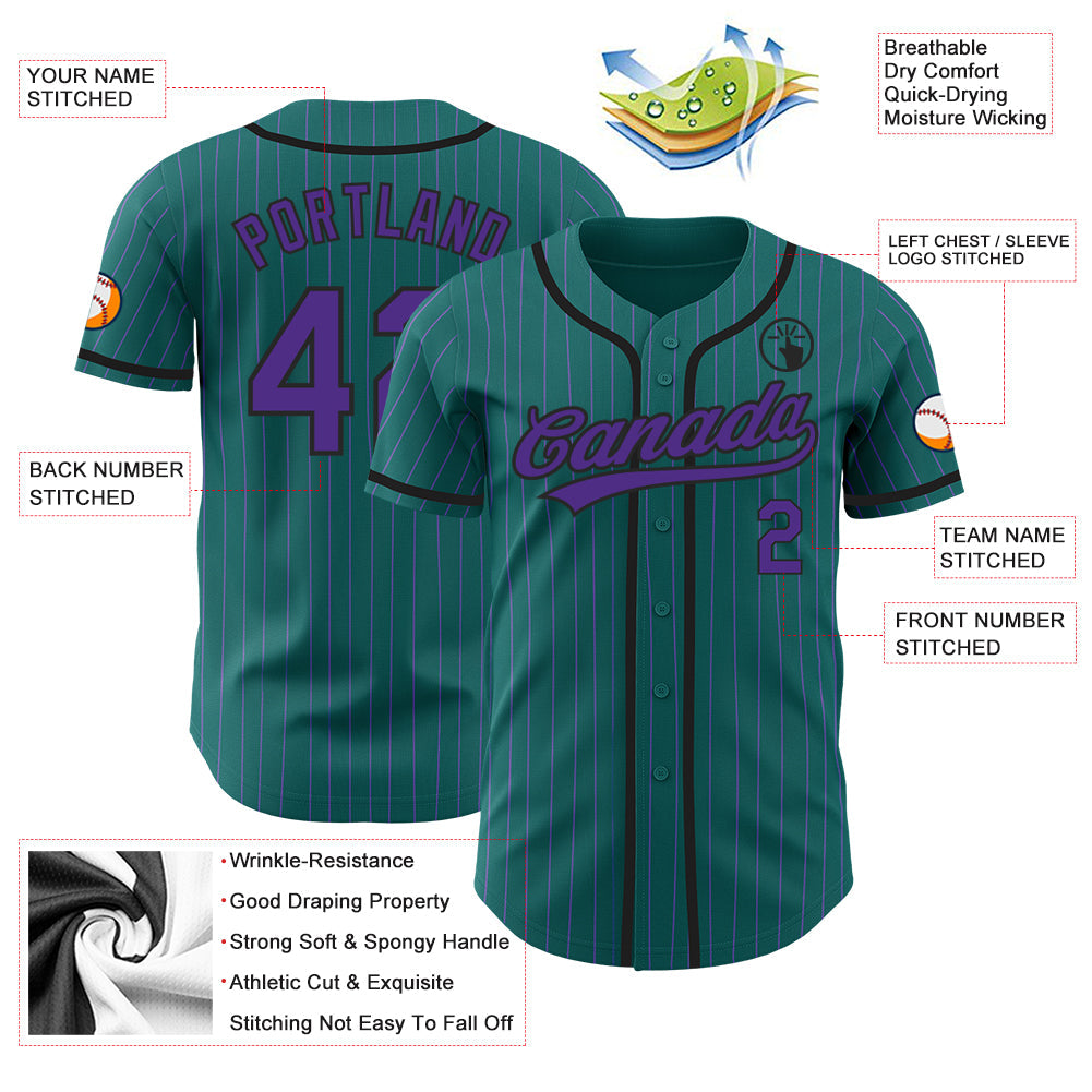Custom Teal Purple Pinstripe Black Authentic Baseball Jersey - Sky-Custom