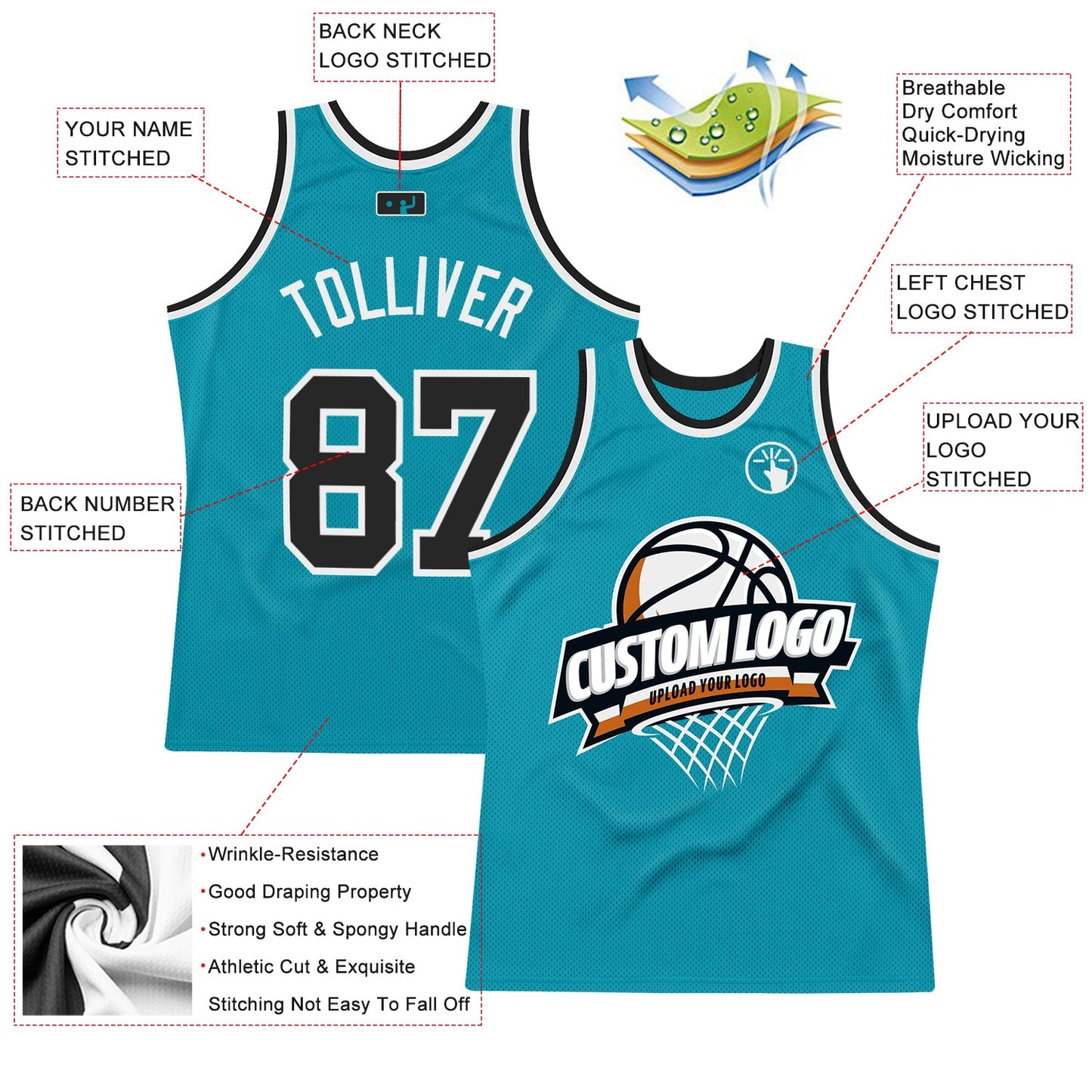 Custom Teal Black-White Authentic Throwback Basketball Jersey - Sky-Custom