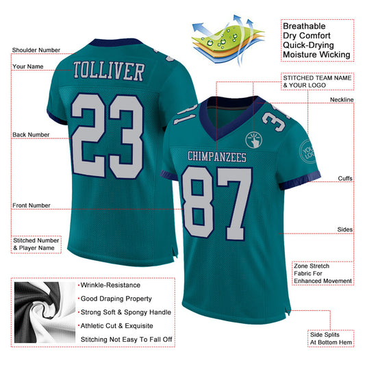 Custom Teal Gray-Navy Mesh Authentic Football Jersey - Sky-Custom
