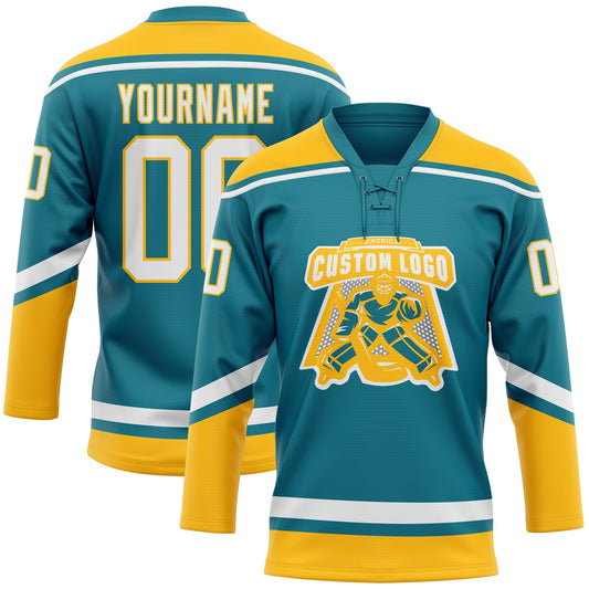 Custom Teal White-Gold Hockey Lace Neck Jersey - Sky-Custom