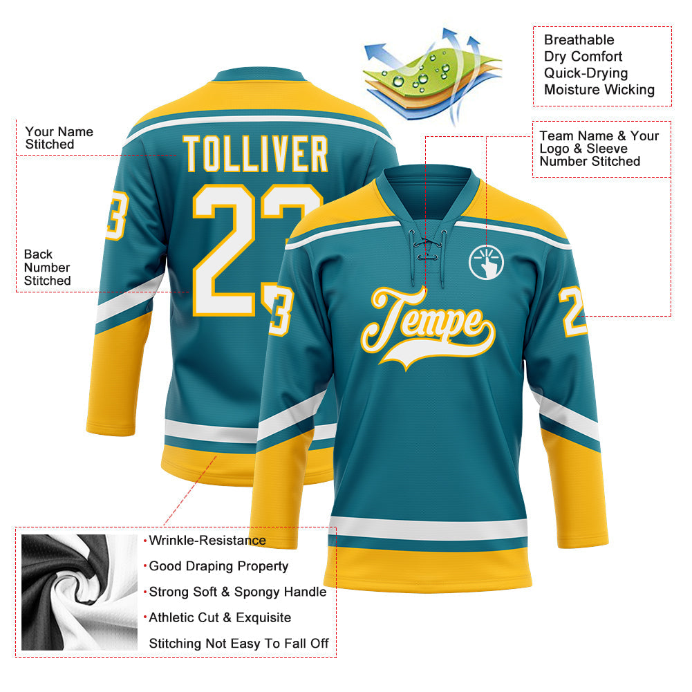 Custom Teal White-Gold Hockey Lace Neck Jersey - Sky-Custom