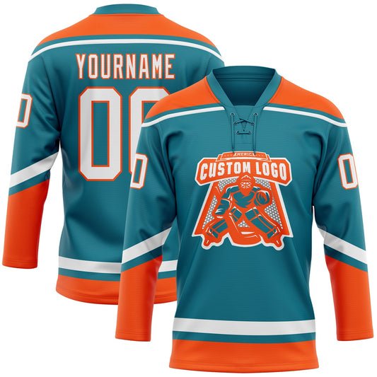 Custom Teal White-Orange Hockey Lace Neck Jersey - Sky-Custom