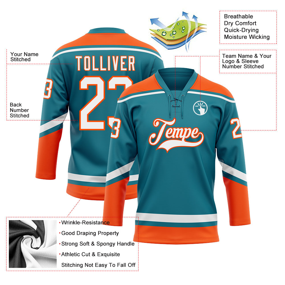 Custom Teal White-Orange Hockey Lace Neck Jersey - Sky-Custom