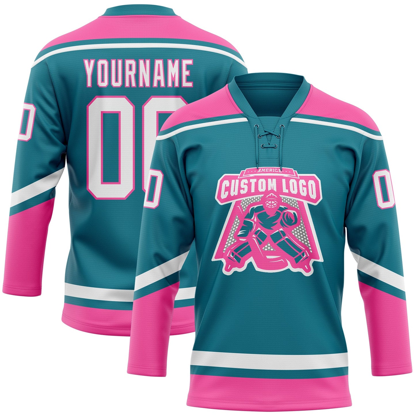 Custom Teal White-Pink Hockey Lace Neck Jersey - Sky-Custom